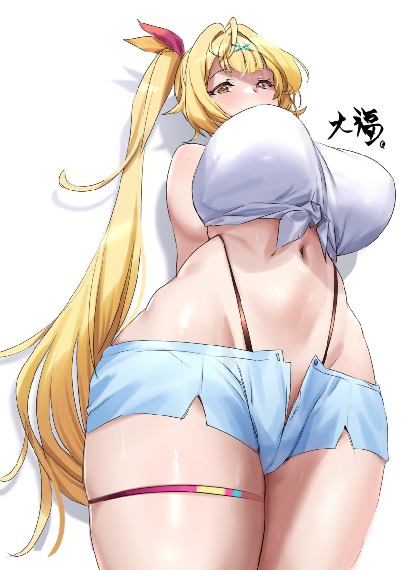 blonde_hair breasts commentary_request curvy daihuku12130 female highleg highleg_panties highres hoshikawa_sara hoshikawa_sara_(1st_costume) huge_breasts large_breasts long_hair looking_at_viewer looking_down navel nijisanji panties short_shorts shorts side_ponytail solo stomach tank_top thick_thighs thigh_strap thighs underwear virtual_youtuber white_background white_tank_top yellow_eyes