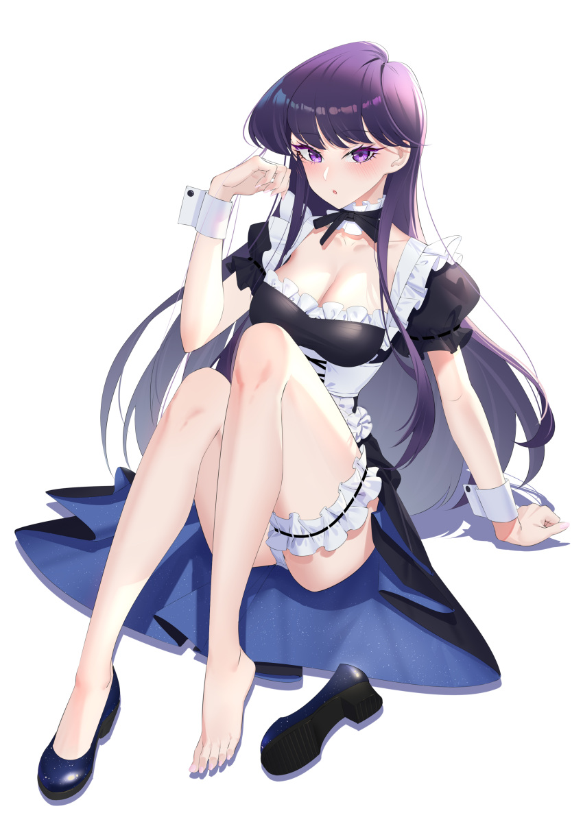 absurdres apron bare_legs barefoot black_dress black_eyes black_hair blue_footwear blush breasts cleavage collarbone dress feet female full_body garter_belt hand_up highres knees_up komi-san_wa_komyushou_desu komi_shouko large_breasts legs lijiahao5103 long_hair looking_at_viewer maid maid_apron parted_lips pink_nails puffy_short_sleeves puffy_sleeves shoes short_sleeves simple_background single_shoe sitting solo toenails toes unworn_shoes white_background white_wrist_cuffs wrist_cuffs