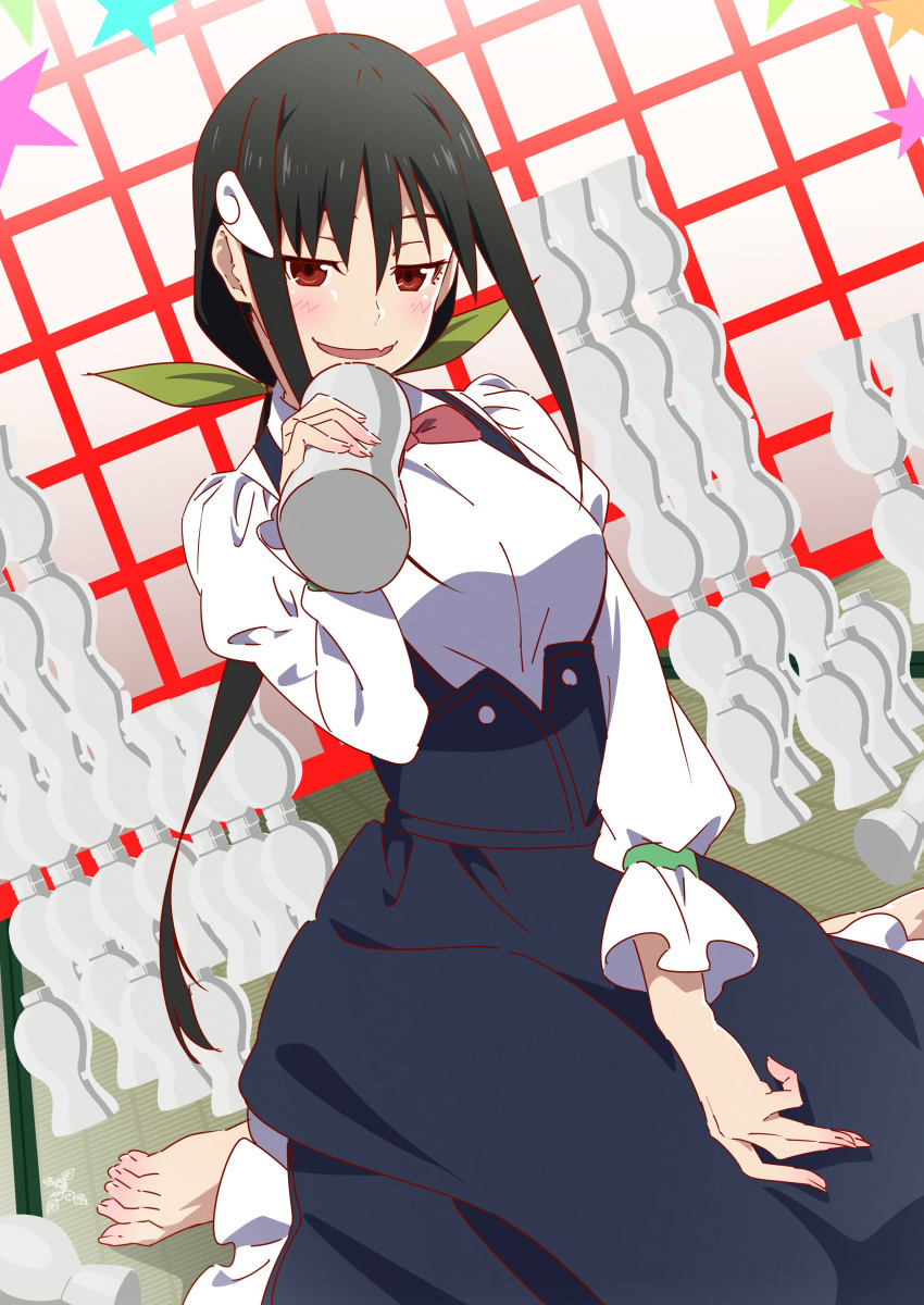 absurdres aged_up barefoot black_dress black_hair blush bottle breasts commentary_request dress feet female fingernails green_ribbons hachikuji_mayoi hair_ornament hairclip highres holding holding_bottle long_hair looking_at_viewer makicha_(sasurainopink) making-of_available medium_breasts monogatari_(series) oerba_yun_fang ribbon shirt sitting skin_fang smile snail_hair_ornament solo toenails toes white_shirt zoku_owarimonogatari