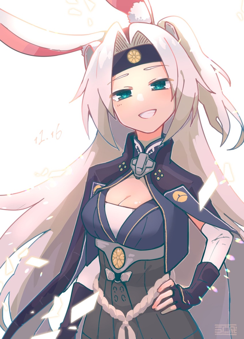 animal_ear_fluff animal_ears aqua_eyes azur_lane black_capelet black_gloves black_headband black_skirt breasts capelet cleavage cleavage_cutout clothing_cutout female fingerless_gloves gloves green_eyes grin hand_on_own_hip headband high-waist_skirt highres hiryuu_(azur_lane) hiryuu_(retrofit)_(azur_lane) long_hair looking_at_viewer medium_breasts open_mouth rabbit_ears rabbit_girl signature simple_background skirt smile solo uninari_lamb upper_body white_background white_hair