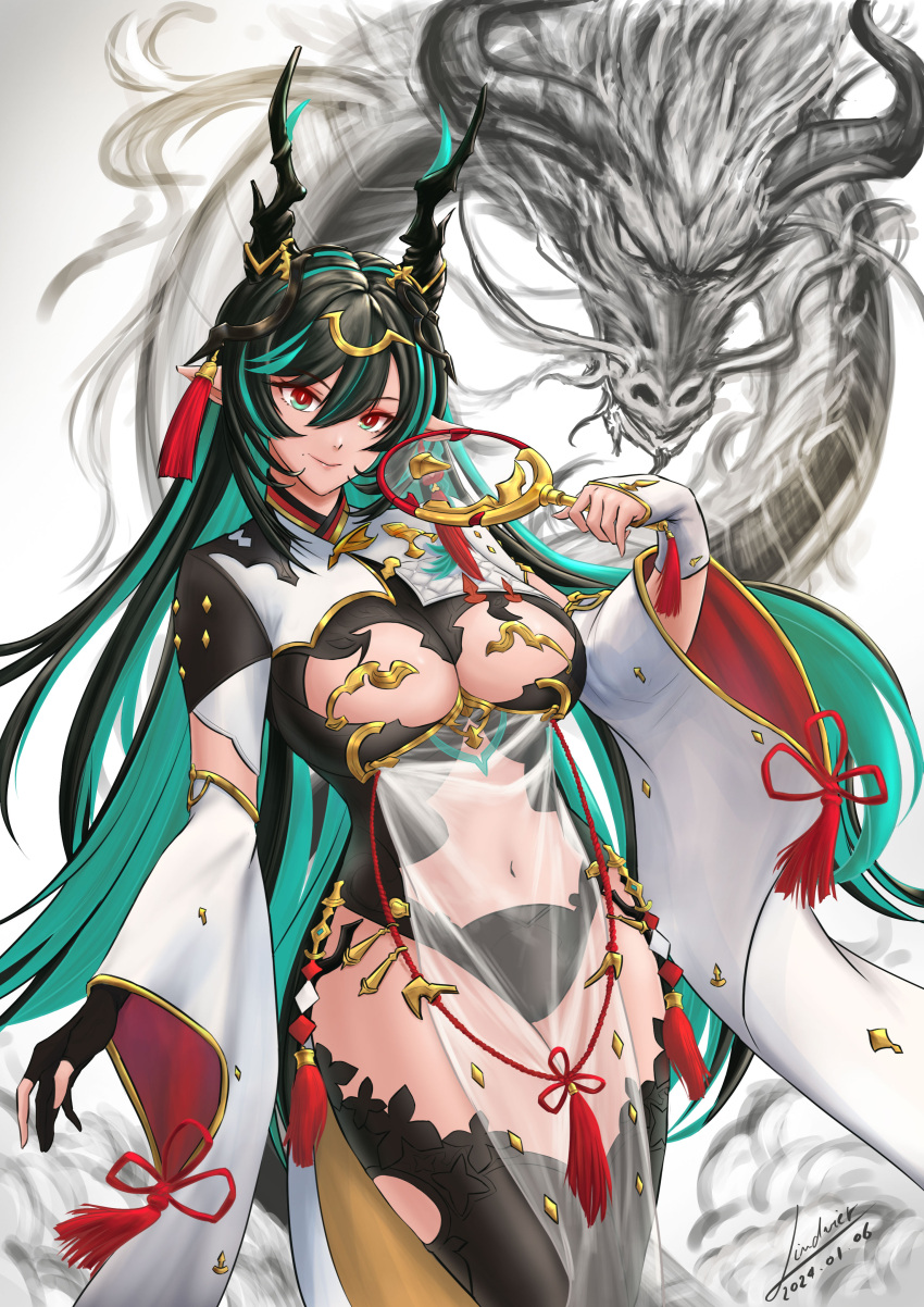 absurdres asymmetrical_gloves black_dress black_gloves black_hair black_thighhighs breast_cutout breasts chinese_clothes closed_mouth clothing_cutout colored_inner_hair commentary covered_navel dated detached_sleeves dragon dragon_girl dragon_horns draph dress eastern_dragon female fingerless_gloves gloves granblue_fantasy green_eyes green_hair hair_ornament highres horn_ornament horns large_breasts legendpoon long_hair looking_at_viewer mismatched_gloves mole mole_under_mouth multicolored_eyes multicolored_hair navel new_year partially_fingerless_gloves payila_(granblue_fantasy) pelvic_curtain pointy_ears red_eyes see-through see-through_dress signature simple_background smile solo stomach_cutout tassel tassel_hair_ornament thighhighs tuanshan two-tone_eyes white_gloves white_sleeves wide_sleeves