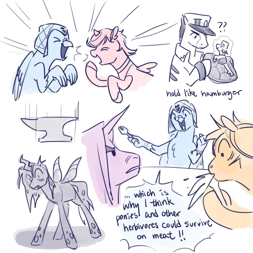 1:1 alternate_species ambiguous_gender anvil arthropod avian changeling coco_jumbo cutlery diavolo_(jjba) earth_pony equid equine feathered_wings feathers feral feralized fork friendship_is_magic furniture furrification group gryphon guido_mista hasbro hi_res horn horse insect_wings jean_pierre_polnareff jojo's_bizarre_adventure jotaro_kujo kitchen_utensils laugh leone_abbacchio mammal my_little_pony mythological_avian mythological_creature mythological_equine mythology narancia_ghirga ponification pony quadruped regularcitrus smile spit-take table tools trish_una unicorn unicorn_horn wings