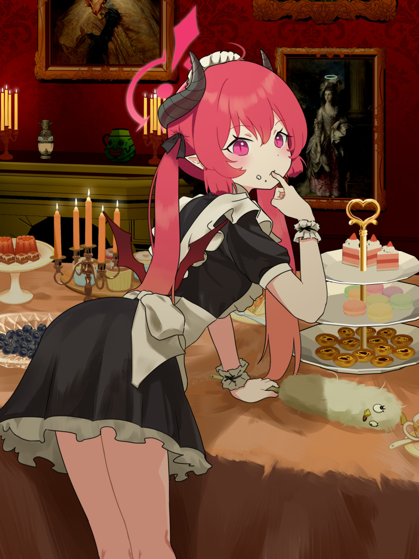 alexandra_princess_of_wales alternate_costume apron black_dress black_horns black_ribbon blue_archive blueberry borrowed_inset cake cake_slice candle candlestand commentary_request cream cream_on_face cup cupcake demon_girl demon_wings dress duster enmaided female fine_art finger_in_own_mouth fireplace food food_on_face fruit hair_ribbon halo highres horns junko_(blue_archive) leaning_forward looking_back low_wings macaron maid maid_apron maid_headdress mousse_(food) painting_(object) pastry peroro_(blue_archive) pink_eyes pink_hair pink_halo plate pointy_ears portrait_of_mrs._mary_graham pot_of_greed red_wings ribbon saucer slit_pupils solo table teacup tiered_tray twintails white_apron wings yeechem2002 yu-gi-oh!