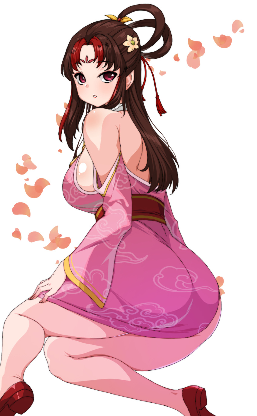 backless_dress backless_outfit bare_shoulders brown_hair chinese_clothes commission commissioner_upload dress facial_mark female flower forehead_mark hair_flower hair_ornament hair_rings hero's_adventure_road_of_passion high_heels highres leaf leaf_background ling_mengdie_(hero's_adventure_road_of_passion) long_hair lying multicolored_hair non-web_source parted_lips pixiv_commission purple_eyes rantia sash solo streaked_hair teeth