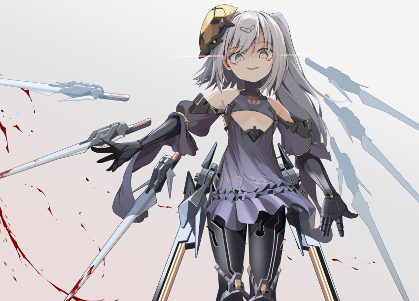 bare_shoulders black_dress blood blood_on_weapon breasts clothing_cutout commentary_request cowboy_shot dress eye_trail female floating floating_object floating_sword floating_weapon girls'_frontline hair_ornament heterochromia highres light_trail looking_at_viewer ma40414 mask mask_on_head mechanical_arms mechanical_legs narciss_(girls'_frontline) paradeus parted_lips pink_eyes raised_eyebrow simple_background small_breasts smile solo sword underboob underboob_cutout weapon white_background white_hair yellow_eyes