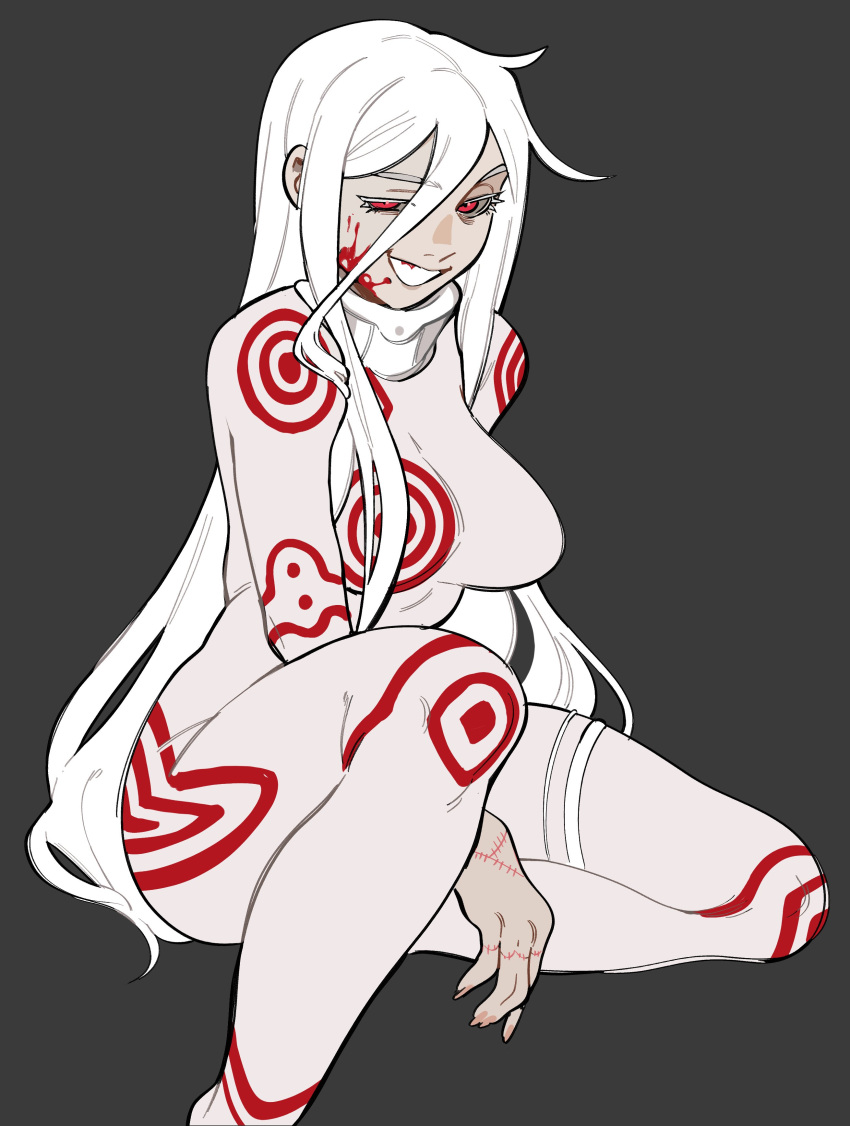 absurdres black_background blood blood_on_face bodysuit breasts deadman_wonderland female grin hair_between_eyes highres large_breasts long_hair looking_at_viewer nail_polish pink_nails porqueloin red_eyes shiro_(deadman_wonderland) simple_background sitting smile solo teeth white_hair