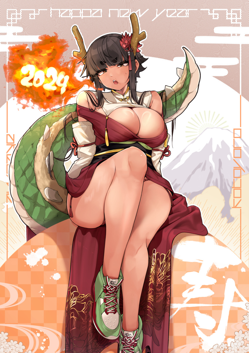 2024 absurdres antlers black_hair breasts breath_weapon breathing_fire chinese_zodiac cleavage commentary_request dragon_girl dragon_tail dress female fire green_footwear hair_ornament highres horns japanese_clothes jovejun kimono large_breasts legs long_eyelashes looking_at_viewer new_year open_mouth original panties panty_peek red_dress red_kimono shoes short_hair sidelocks sitting sneakers solo tail teeth tsubomioka_happa underwear upper_teeth_only year_of_the_dragon