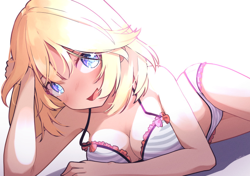 bikini blonde_hair blue_eyes breasts cleavage commentary female grey_bikini hand_in_own_hair highres hololive hololive_english kiirokuma light looking_at_viewer lying medium_breasts on_side solo strap_gap striped_bikini striped_clothes swimsuit virtual_youtuber watson_amelia