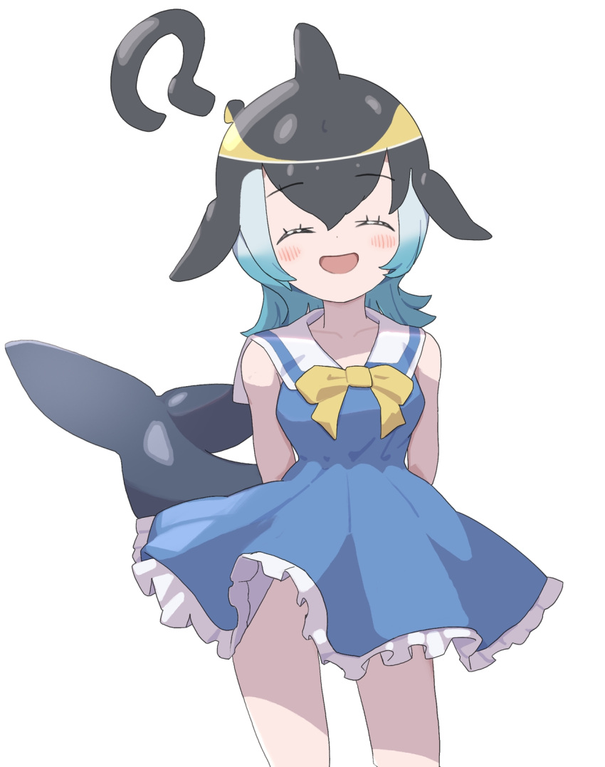 black_hair blue_dress blue_hair bow bowtie cetacean_tail common_dolphin_(kemono_friends) dolphin_girl dress female fins fish_tail head_fins highres kemono_friends kunikuni_(kunihiro2005) long_hair looking_at_viewer multicolored_hair sailor_collar sailor_dress simple_background skirt smile solo tail two-tone_hair yellow_bow yellow_bowtie