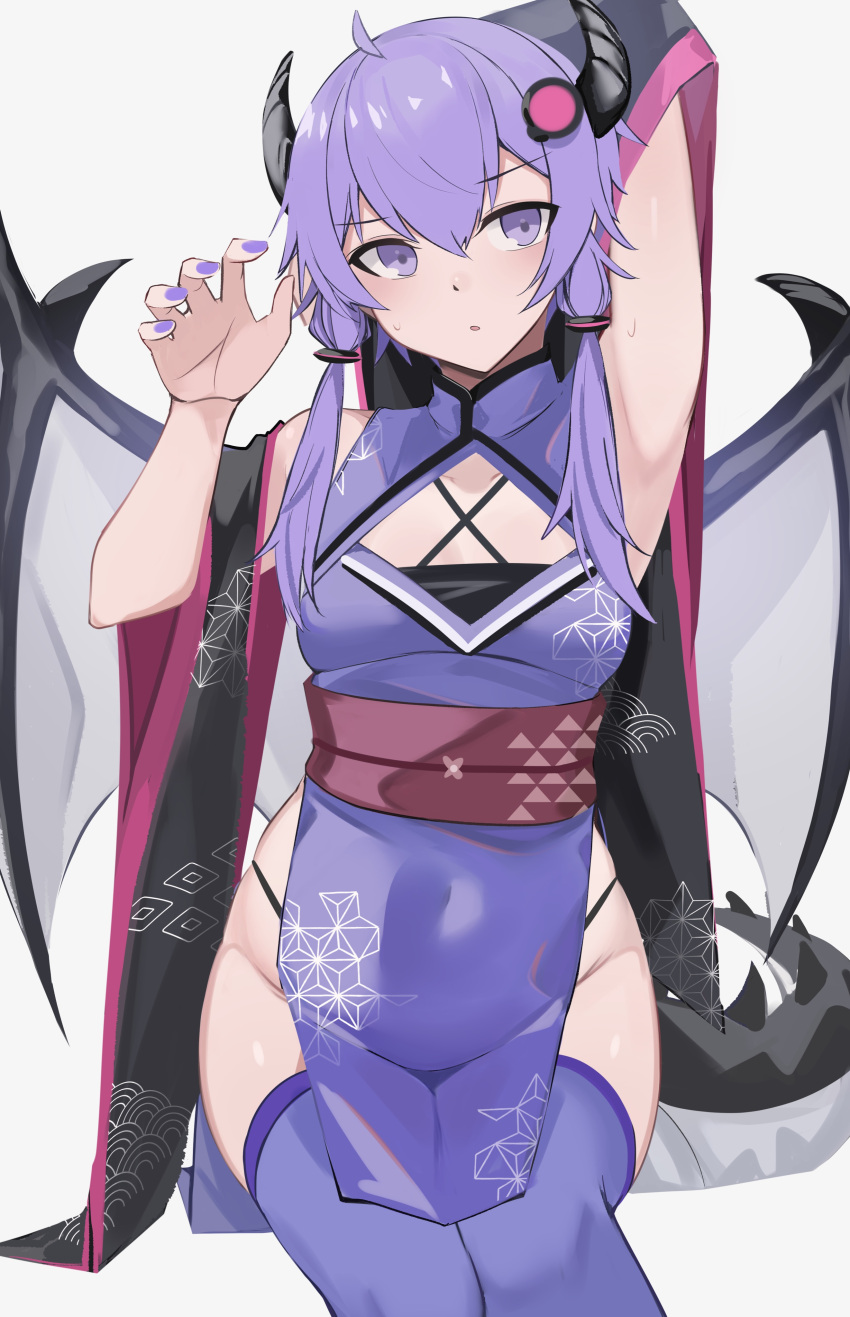 absurdres ahoge asa_no_ha_(pattern) black_horns black_wings chinese_zodiac claw_pose dragon_horns dragon_tail dragon_wings dress female hand_up highres horns japanese_clothes purple_dress purple_eyes purple_hair purple_nails purple_thighhighs seigaiha short_hair_with_long_locks sitting solo tail thighhighs ubah uroko_(pattern) vocaloid voiceroid wings year_of_the_dragon yuzuki_yukari