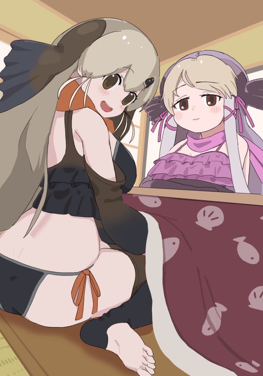 2girls bare_shoulders brown_eyes brown_hair elbow_gloves fins gloves grey_hair head_fins highres indoors kemono_friends kotatsu kunikuni_(kunihiro2005) long_hair looking_at_viewer looking_back multicolored_hair multiple_girls purple_hair ribbon scarf steller's_sea_lion_(kemono_friends) swimsuit table thighhighs walrus_(kemono_friends)