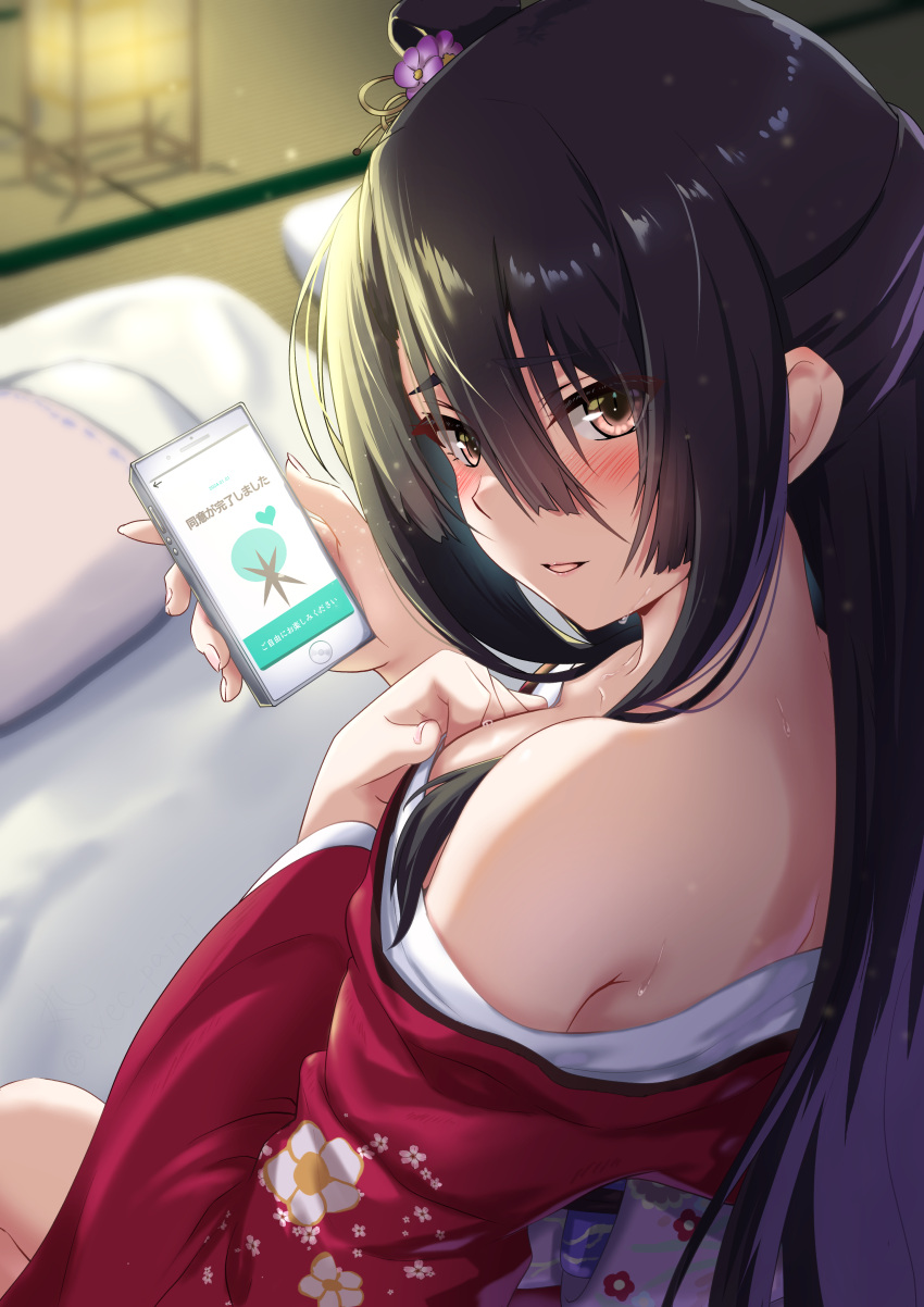 absurdres acelroiutdh bare_shoulders black_hair blush breasts brown_eyes cellphone female floral_print futon hair_over_eyes highres holding holding_phone indoors japanese_clothes kimono koori_chikage long_hair looking_at_viewer medium_breasts nogi_wakaba_wa_yuusha_de_aru obi parted_lips phone pillow red_kimono sash sidelocks smartphone solo upper_body yuusha_de_aru