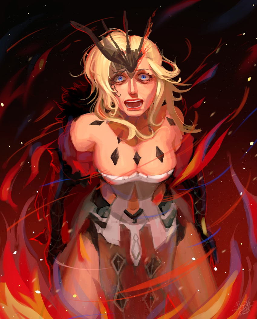 bare_shoulders blonde_hair blue_eyes breasts cape cleavage dress english_commentary female fire genshin_impact gloves highres kneeling kreescript large_breasts lips open_mouth pelvic_curtain red_cape red_lips signora_(genshin_impact) strapless strapless_dress surprised wide-eyed