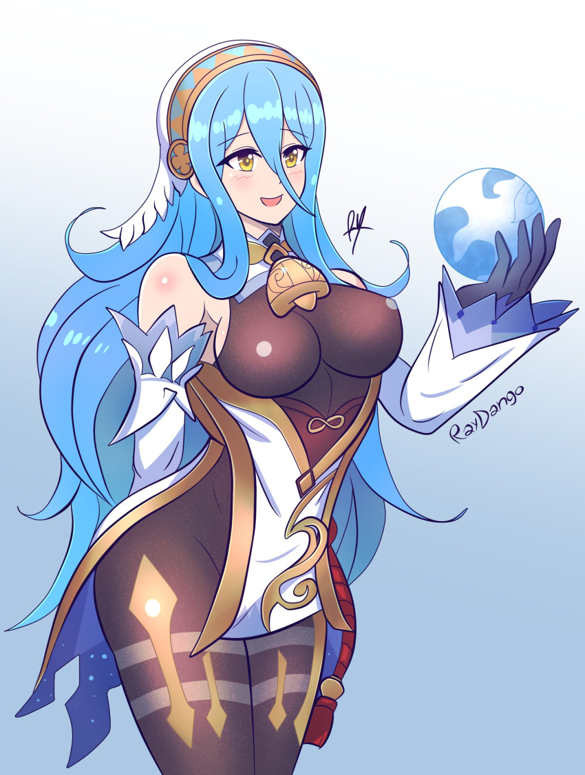 1girls alternate_costume azura_(fire_emblem) blue_hair bodystocking cosplay crossover fire_emblem fire_emblem_fates ganyu_(genshin_impact) ganyu_(genshin_impact)_(cosplay) genshin_impact gloves hair_between_eyes holding_object large_breasts light_blue_hair long_hair nintendo open_mouth raydango smiling solo very_long_hair yellow_eyes