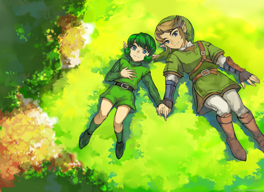 aqua_eyes blue_eyes boots brown_hair gloves grass green_hair hat link_(zelda) male muse_(rainforest) pointed_ears saria_(zelda) short_hair shorts the_legend_of_zelda watermark