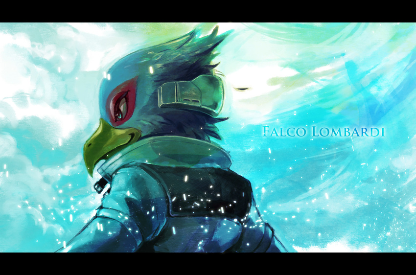 anthro avian bird black_bars blue_body blue_eyes blue_feathers clothed clothing cloud detailed_background digital_media_(artwork) electronics english_text eyewear falco_lombardi feathers headgear headphones headset hi_res jacket kirin_(artist) letterbox male nintendo solo star_fox text topwear