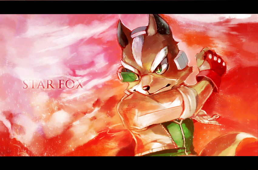 anthro black_nose brown_body brown_fur canid canine clothing english_text eyewear fox fox_mccloud fur green_eyes hi_res jacket kirin_(artist) male mammal nintendo solo star_fox text topwear white_body white_fur