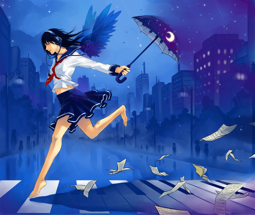 barefoot black_hair commentary_request crescent crosswalk feet female flying_paper headphones highres night original paper photoshop_(medium) piano_print qinni rain red_eyes running school_uniform serafuku sheet_music solo umbrella wings