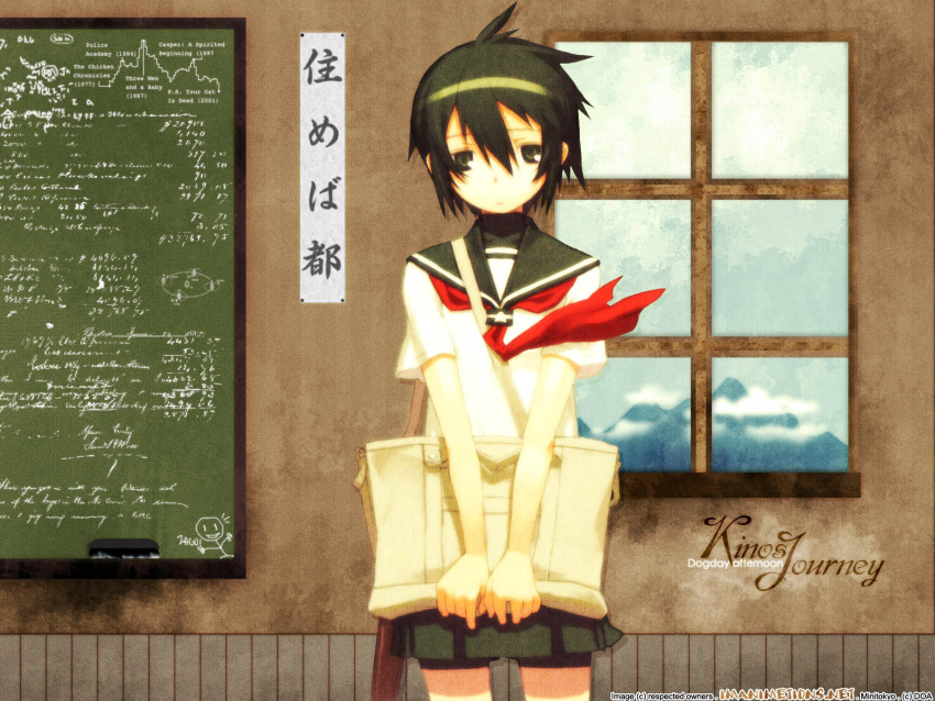 bookbag chalkboard classroom clouds gakuen_kino kino kino_no_tabi mountain school_uniform serafuku short_hair sky window