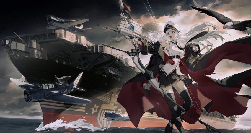 aircraft aircraft_carrier azur_lane bald_eagle bare_shoulders bird black_footwear black_skirt boots bow_(weapon) cloud cloudy_sky coat eagle enterprise_(azur_lane) female grey_hair grim_(azur_lane) hat highres long_hair military military_vehicle necktie nine_(liuyuhao1992) ocean open_mouth purple_eyes sbd_dauntless ship shirt skirt sky uniform uss_enterprise_(cv-6) vehicle_and_personification very_long_hair warship watercraft weapon white_hair white_shirt world_of_warships