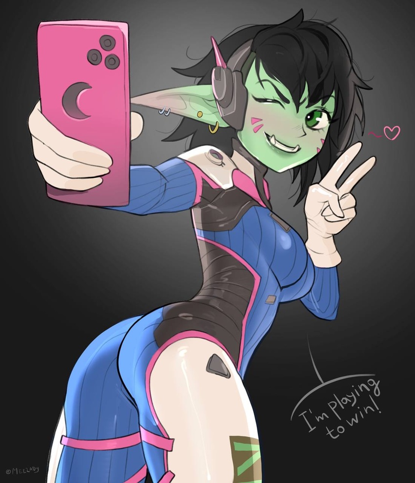 ass black_background black_hair blue_bodysuit bodysuit breasts cellphone colored_skin cosplay d.va_(overwatch) d.va_(overwatch)_(cosplay) ear_piercing earrings female female_goblin from_behind goblin green_eyes green_skin grin headphones headset heart highres holding holding_phone jewelry long_pointy_ears looking_back medium_breasts one_eye_closed original overwatch phone piercing pointy_ears roxxxan selfie smartphone smartphone_case smile solo standing tusks v