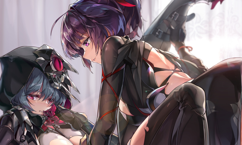 2girls armor ass back blue_hair blush breasts chinese_commentary clenched_teeth commentary_request elbow_gloves gauntlets gloves hair_ornament hand_up highres holding_leg honkai_(series) honkai_impact_3rd hood hood_up large_breasts long_hair multiple_girls parted_lips partial_bodysuit ponytail power_suit purple_eyes purple_hair raiden_mei raiden_mei_(danzai_spectramancer) raven_(honkai_impact) revealing_clothes sidelocks smile tearing_up teeth torn_clothes yuri zomzomzomsauce