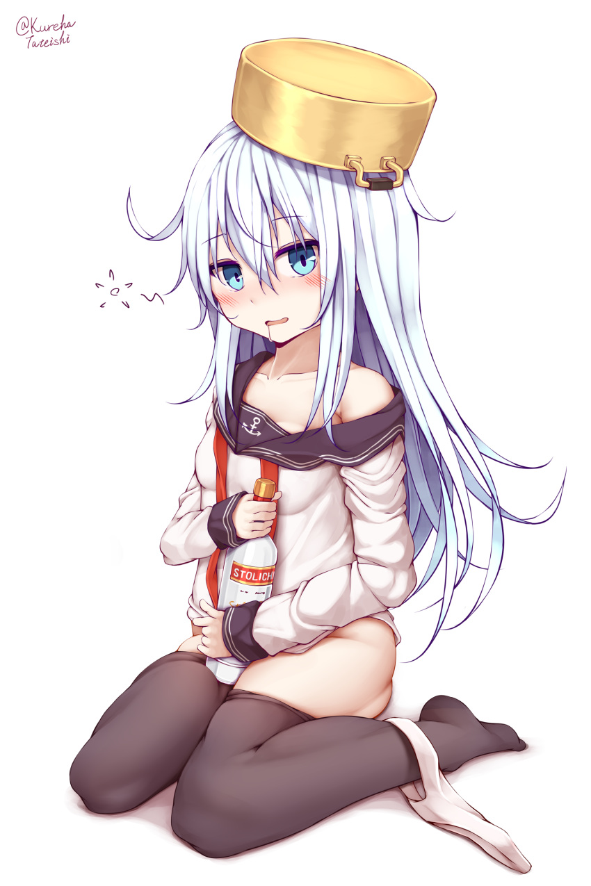 absurdres alcohol anchor_symbol black_sailor_collar black_thighhighs blue_eyes blush bottle breasts commentary_request drunk female hair_between_eyes hibiki_(kancolle) highres kantai_collection long_hair neckerchief no_pants open_mouth panties panties_around_one_leg pot pot_on_head sailor_collar school_uniform serafuku simple_background sitting small_breasts smile solo squeans stolichnaya_(vodka) tateishi_kureha thighhighs underwear vodka white_background white_hair white_panties