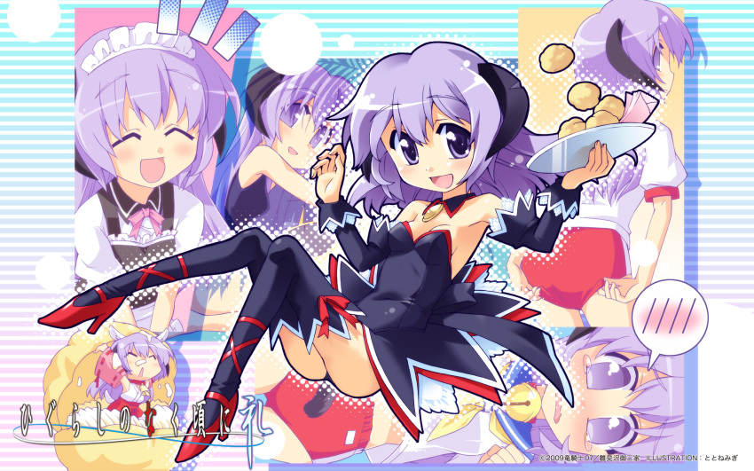 angel_mort bell blush buruma chibi closed_eyes collar cosplay detached_sleeves female food hanyuu highres higurashi_no_naku_koro_ni horns japanese_clothes long_hair maid miko photoshop_(medium) purple_eyes purple_hair red_footwear ribbon school_swimsuit shoes smile swimsuit thighhighs toto_nemigi waitress