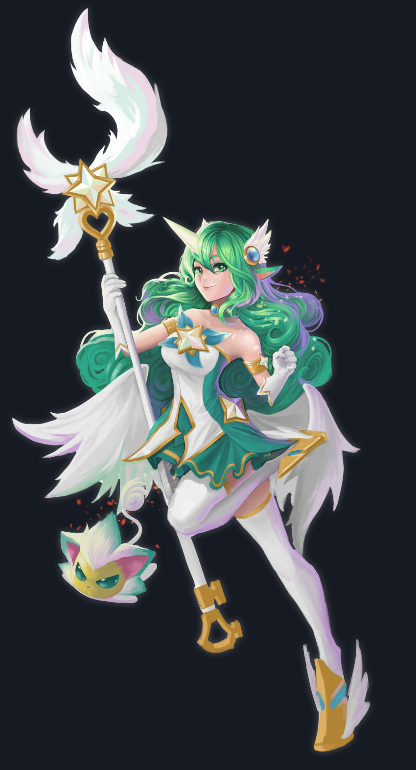 absurdres alternate_costume alternate_eye_color alternate_hair_color animal_ears armlet bad_id bad_pixiv_id bare_shoulders black_background breasts choker commentary_request curly_hair elbow_gloves feathered_wings female gloves green_eyes green_hair hair_ornament highres horns league_of_legends long_hair looking_at_viewer magical_girl medium_breasts photoshop_(medium) pointy_ears shisa_(league_of_legends) simple_background single_horn skirt solo soraka_(league_of_legends) staff standing standing_on_one_leg star_guardian_(league_of_legends) star_guardian_soraka thighhighs very_long_hair white_gloves white_thighhighs white_wings wings yuudokou_shounen