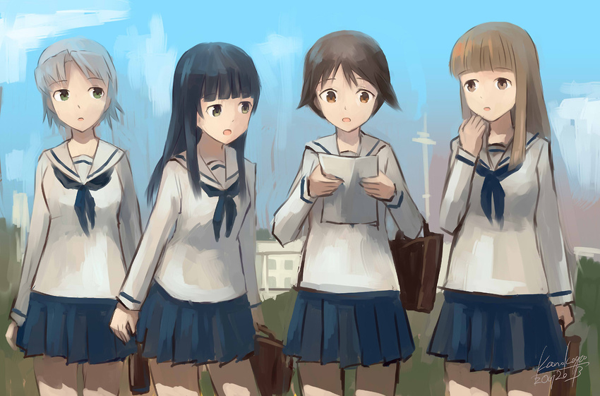 4girls alternate_costume artist_name bag black_hair brown_eyes brown_hair commentary_request dated green_eyes grey_hair kanokoga long_hair miyafuji_yoshika multiple_girls nakajima_hayate paper photoshop_(medium) reading school_bag school_uniform serafuku short_hair skirt strike_witches suwa_goshiki tenkuu_no_otome-tachi world_witches_series yamakawa_michiko