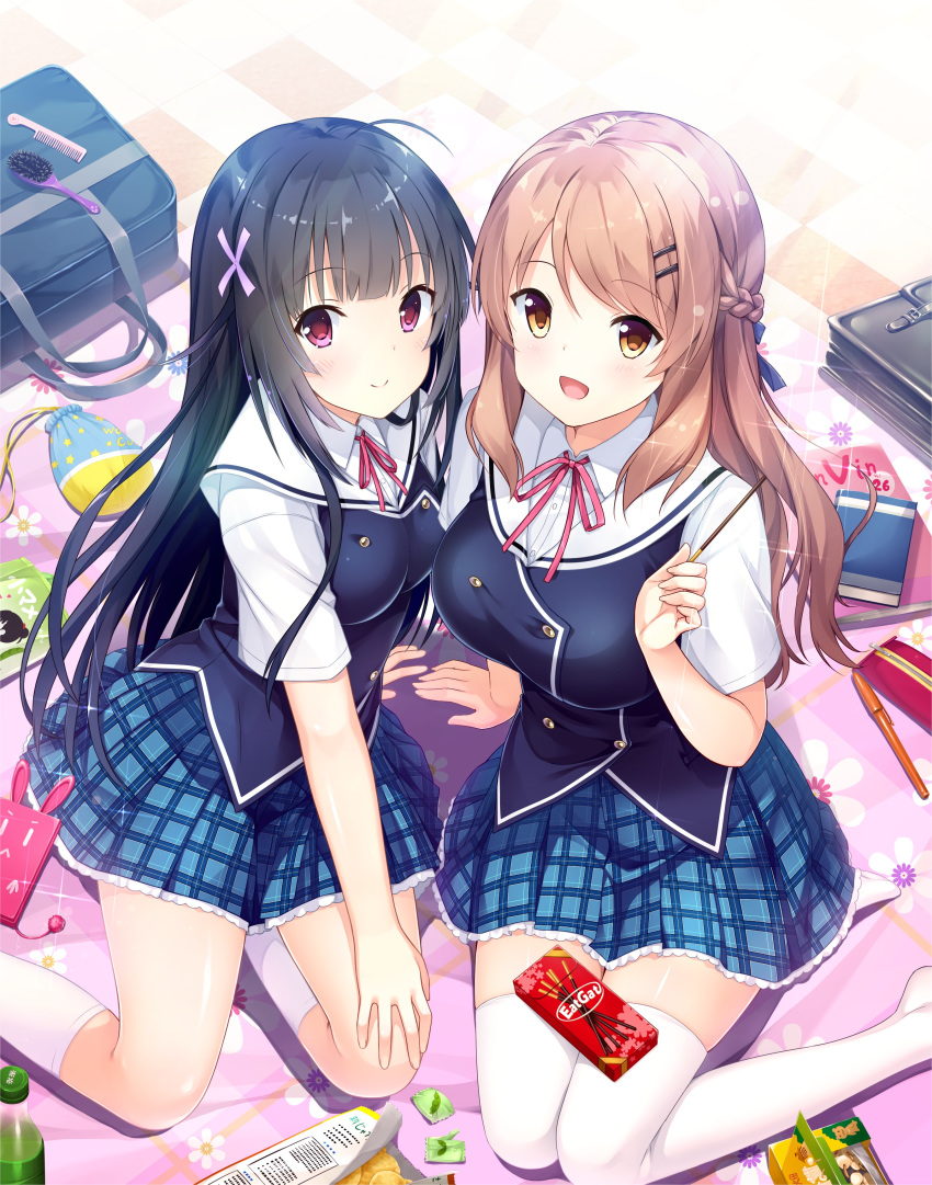 2girls absurdres ahoge arm_support black_hair blush brown_eyes brown_hair checkered_clothes checkered_skirt food from_above hair_ornament hairclip hand_on_own_knee highres hinata_hitomi holding holding_food kimi_no_hitomi_ni_hit_me kurasawa_moko long_hair looking_at_viewer multiple_girls nekonyan open_mouth pink_eyes plaid plaid_skirt pleated_skirt pocky school_uniform short_sleeves skirt smile thighhighs tsukahata_miko white_legwear