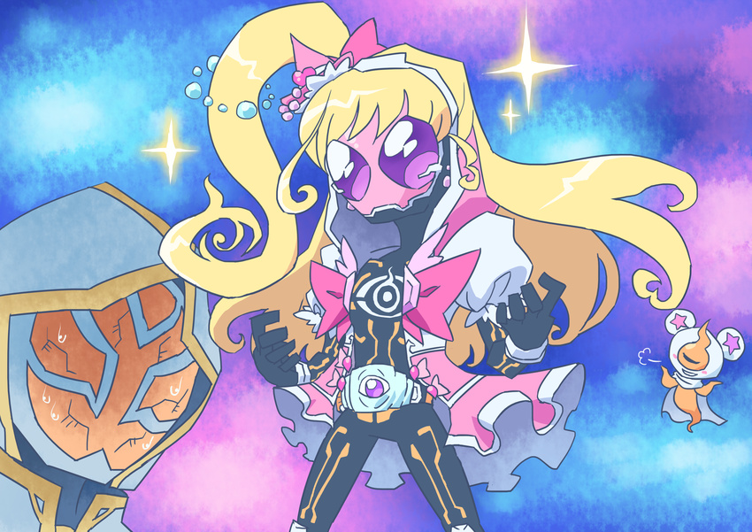 absurdres black_bodysuit blonde_hair bodysuit commentary_request cosplay crossover cure_miracle highres kamen_rider kamen_rider_ghost kamen_rider_ghost_(series) kamen_rider_wizard_(series) mahou_girls_precure! mask mouth_mask otokamu parody precure rider_belt side_ponytail the_white_wizard yurusen