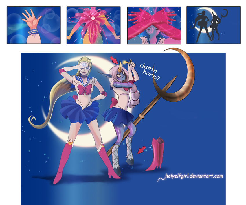 2girls back_bow bishoujo_senshi_sailor_moon bishoujo_senshi_sailor_moon_(first_season) blonde_hair blue_eyes blue_sailor_collar blue_skin blue_skirt boots bow colored_skin commentary_request cosplay crescent_moon diana_(league_of_legends) elbow_gloves facial_mark forehead_mark gloves holyelfgirl hooves horns knee_boots league_of_legends long_hair moon multi-tied_hair multiple_girls parody photoshop_(medium) pleated_skirt pointy_ears red_bow sailor_collar sailor_moon sailor_moon_(cosplay) sailor_moon_pose sailor_senshi_uniform single_horn skirt soraka_(league_of_legends) staff very_long_hair white_gloves white_hair