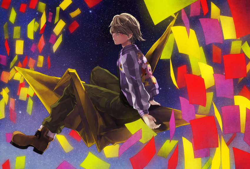 1boy blonde_hair commentary_request ivan_karelin jacket kurosujuu letterman_jacket male_focus origami paper_crane purple_eyes purple_jacket solo tiger_&_bunny