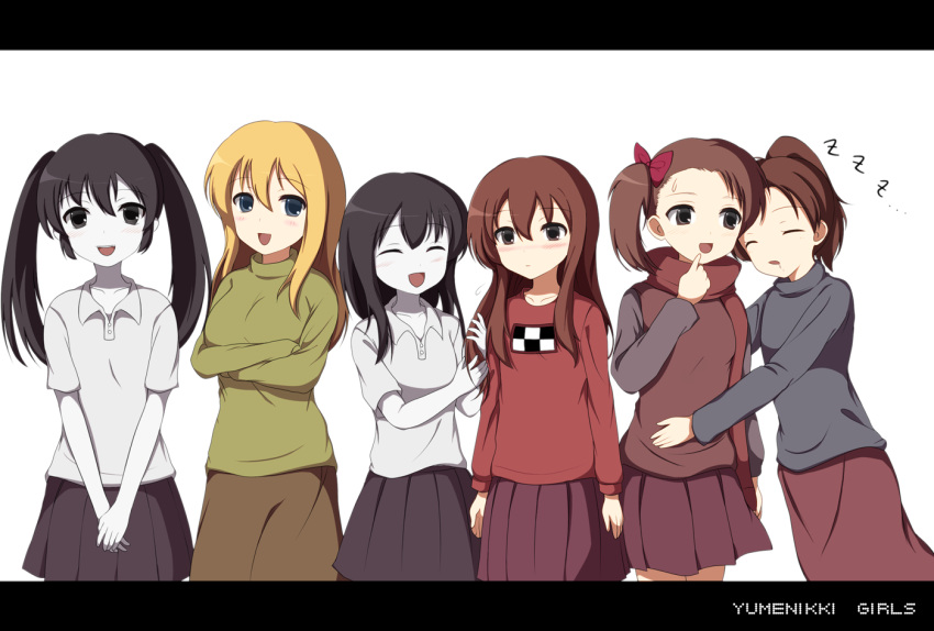 6+girls alternate_hairstyle bad_id bad_pixiv_id black_hair blonde_hair blue_eyes blush brown_eyes brown_hair drooling finger_to_mouth green_shirt kamakurako madotsuki mafurako mizukami_ryouma monoe monoko multiple_girls open_mouth poniko ponytail purple_skirt scarf shirt skirt sleeping smile sweatdrop twintails yume_nikki