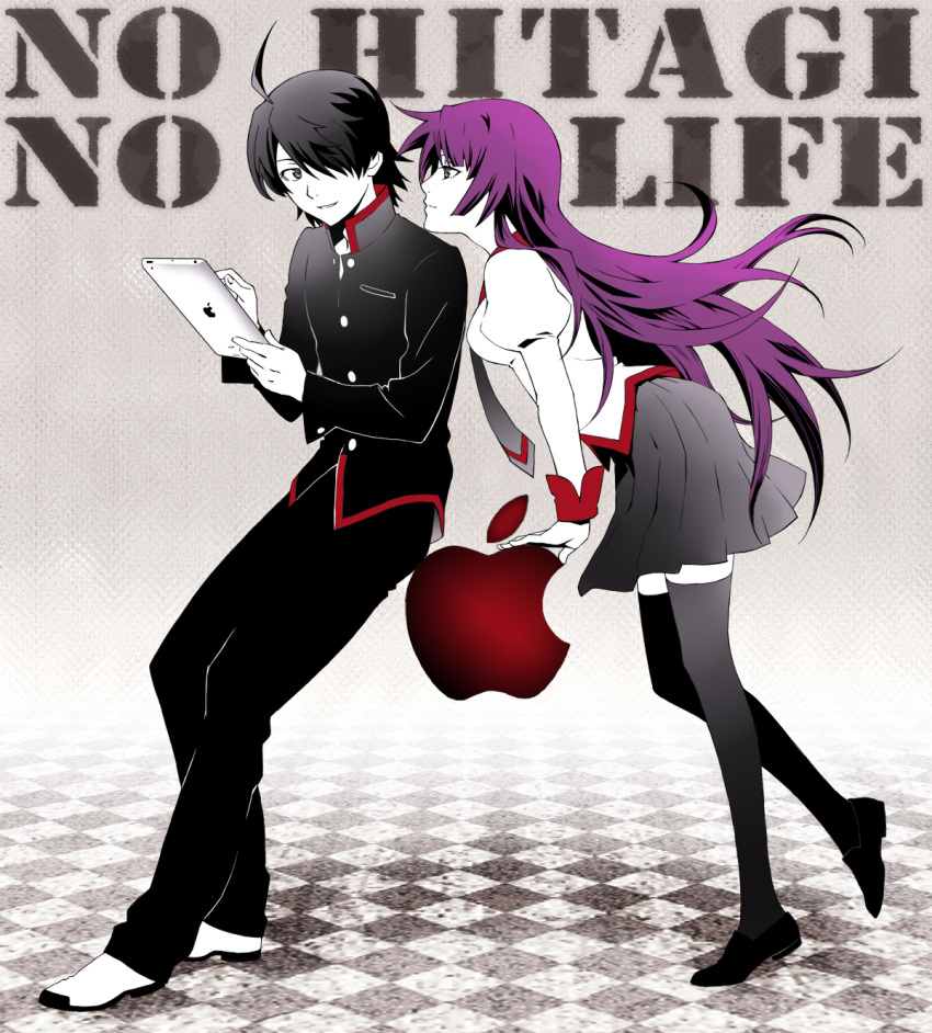 1boy akutagawa_manbou apple apple_inc. araragi_koyomi bakemonogatari black_hair black_thighhighs commentary_request female food fruit grey_eyes hair_over_one_eye highres ipad long_hair monogatari_(series) naoetsu_high_school_uniform product_placement purple_hair school_uniform senjougahara_hitagi short_hair skirt tablet_pc thighhighs