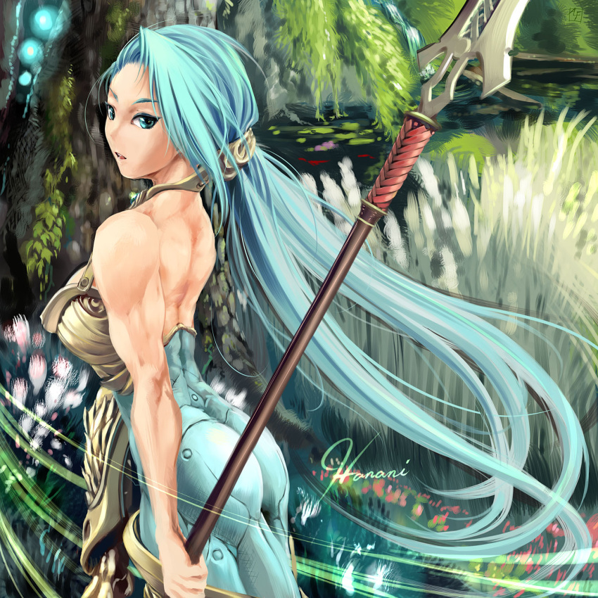 alf874 ass backless_outfit blue_eyes blue_hair bodysuit commentary_request exalted female forest highres long_hair looking_back muscular muscular_female nature original photoshop_(medium) polearm solo spear very_long_hair weapon