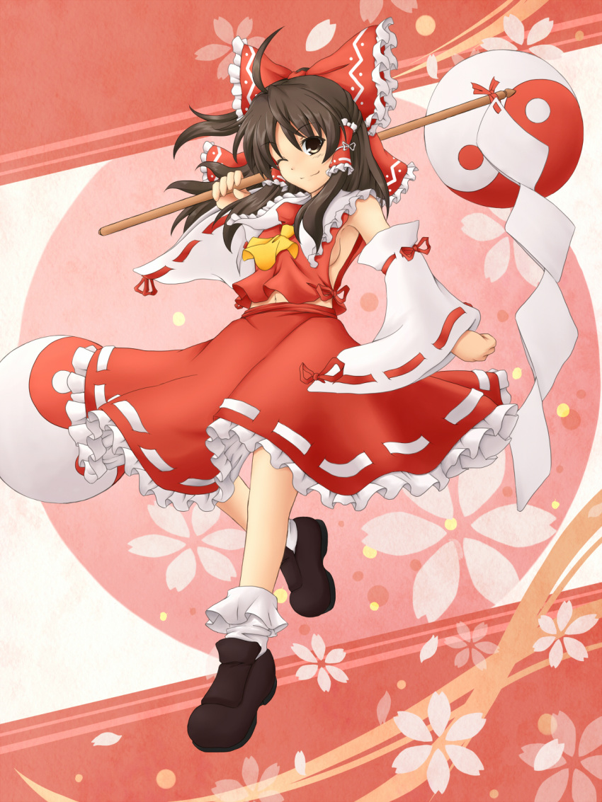 ascot bad_id bad_pixiv_id blush bobby_socks bow breasts brown_eyes brown_hair female gohei hair_tubes hairbow hakurei_reimu highres loafers long_hair medium_breasts midriff musouzuki no_bra one_eye_closed petals red_bow red_skirt shoes sideboob skirt smile socks solo touhou white_socks yin_yang