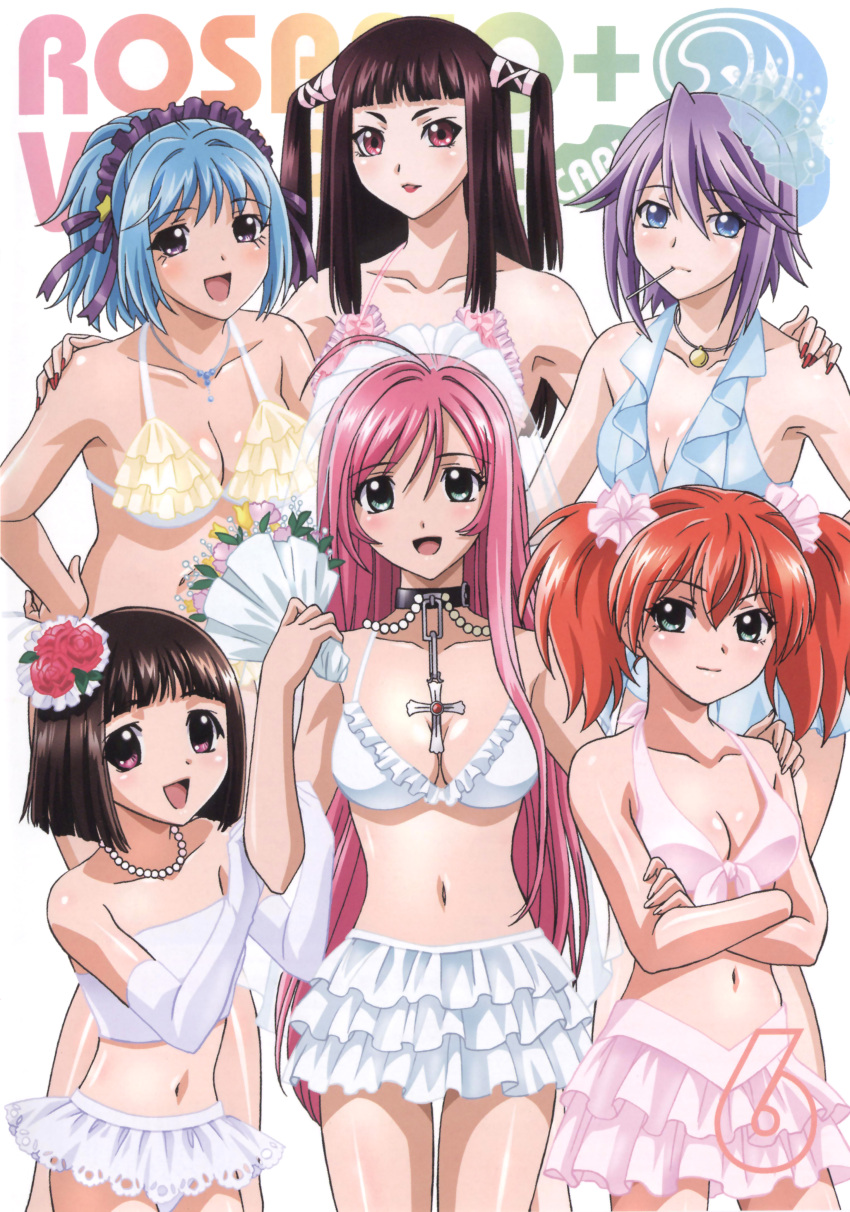 6+girls absurdres ahoge akashiya_moka bat_(animal) bikini black_hair blue_eyes blue_hair blush bouquet breasts candy cape choker cleavage closed_eyes cover cross dvd_cover elbow_gloves everyone flat_chest flower food frilled_bikini frills fujita_mariko gloves grin hair_ornament hair_ribbon hat highres kurono_kurumu laughing lingerie lipstick lollipop long_hair makeup medium_breasts midriff multiple_girls navel official_art one_eye_closed orange_hair petticoat photoshop_(medium) pink_eyes purple_eyes purple_hair ribbon rosario+vampire scan sendou_yukari shirayuki_mizore short_hair shuzen_kokoa smile sweat swimsuit toujou_ruby twintails underwear