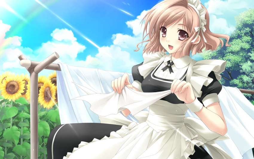 apron brown_eyes brown_hair dress flower higa_yukari laundry maid maid_headdress nogisaka_motoka rainbow short_hair smile solo sunflower sunlight tree yosuga_no_sora