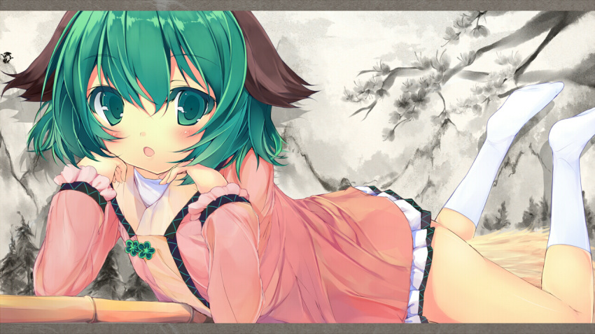 animal_ears bamboo_broom blush broom commentary_request dress female green_eyes green_hair head_rest kasodani_kyouko lying mayusaki_yuu on_stomach open_mouth short_hair socks solo touhou white_socks