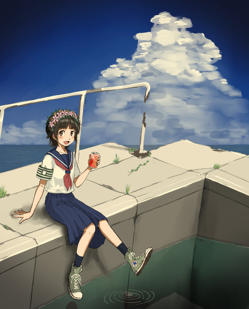 armband black_hair brown_eyes can cloud commentary_request converse drink_can female head_wreath highres outdoors painttool_sai_(medium) pool poolside post-apocalypse sakugawa_school_uniform school_uniform senogawa serafuku shoes short_hair skirt sky sneakers soda_can solo summer_uniform toaru_kagaku_no_railgun toaru_majutsu_no_index uiharu_kazari water