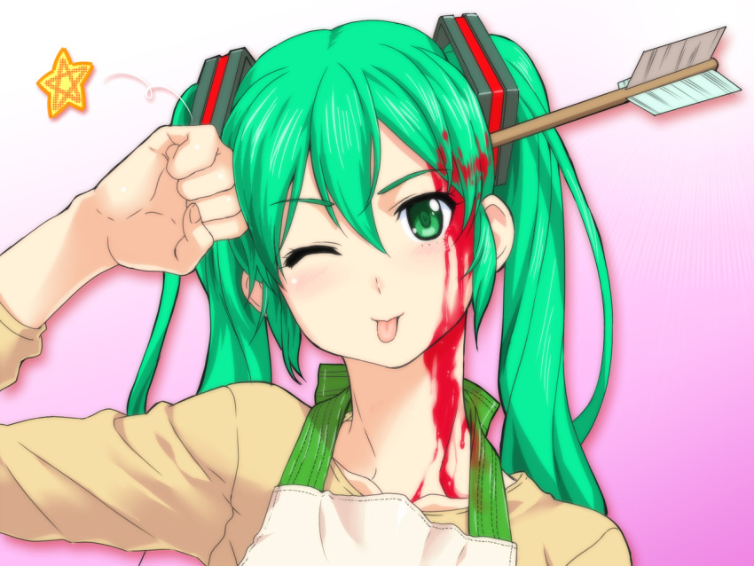 apron arrow_(projectile) arrow_in_body arrow_in_head blood clenched_hand commentary_request dojikko_pose female g-tetsu green_eyes green_hair hands hatsune_miku head_tilt ie_ni_kaeru_to_tsuma_ga_kanarazu_shinda_furi_wo_shite_imasu._(vocaloid) long_hair object_through_head one_eye_closed photoshop_(medium) solo star_(symbol) tongue twintails upper_body vocaloid