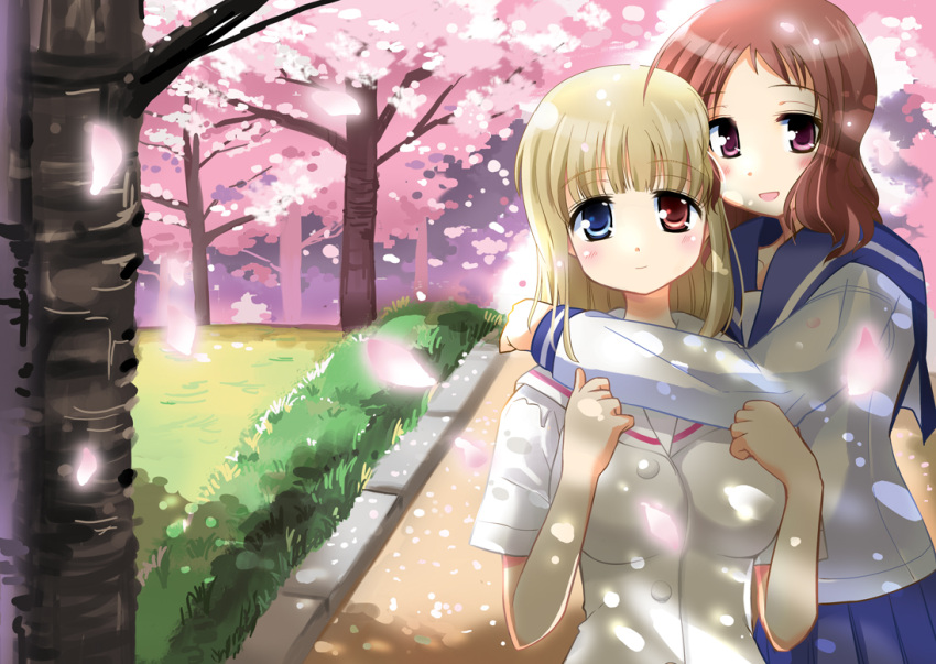 2girls bad_id bad_pixiv_id blonde_hair blue_eyes blush cherry_blossoms fukuji_mihoko heterochromia hug kazekoshi_school_uniform kiyosumi_school_uniform multiple_girls open_mouth photoshop_(medium) piaroo purple_eyes red_eyes red_hair saki_(manga) school_uniform serafuku short_hair skirt smile takei_hisa tree