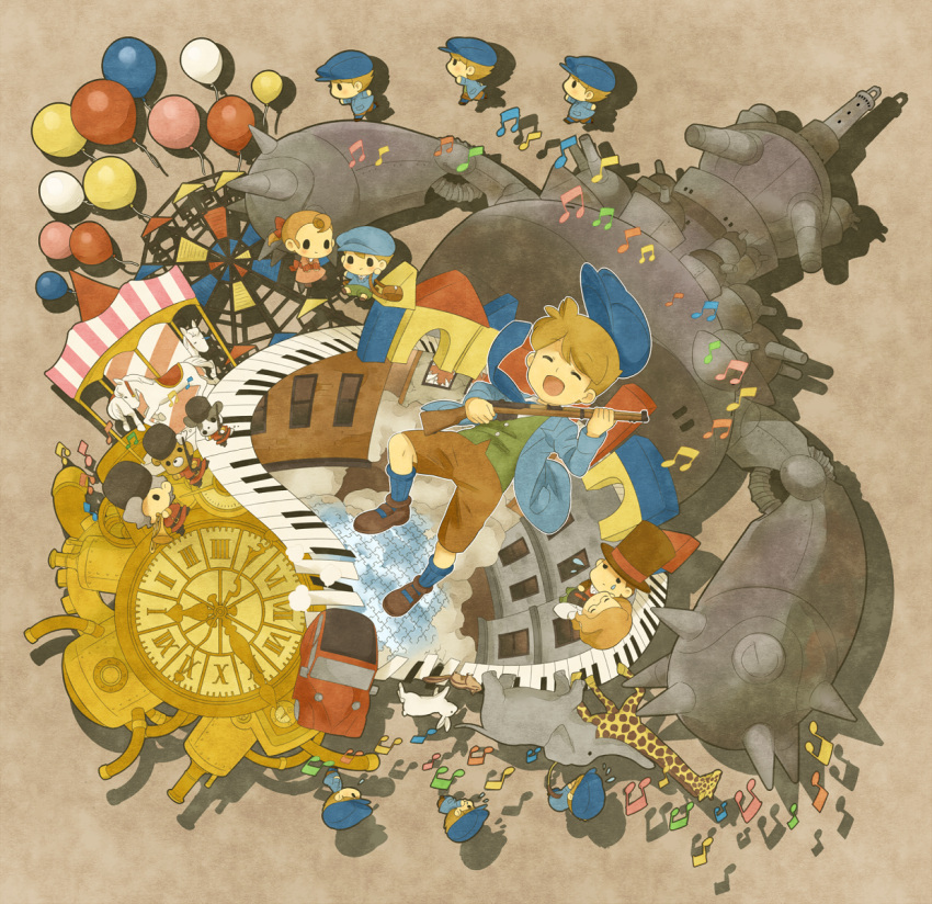 2boys 2girls bad_id bad_pixiv_id balloon baseball_cap brown_hair car carousel chibi claire_(layton) clock elephant ferris_wheel flora_reinhold future_luke giraffe gun gyoniku21 hat hershel_layton highres instrument jacket laughing luke_triton machine motor_vehicle multiple_boys multiple_girls musical_note professor_layton professor_layton_and_the_unwound_future puzzle rabbit rifle short_hair shorts tears top_hat toy toy_soldier trumpet weapon