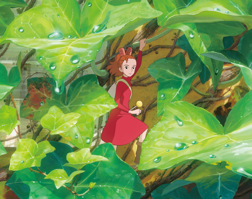 :| arm_up arrietty backpack bag black_eyes brown_footwear closed_mouth clothes_pin day dew_drop dress dripping female flat_chest hair_ornament highres karigurashi_no_arrietty leaf long_sleeves mini_person minigirl official_art outdoors plant ponytail red_dress sewing_pin solo standing studio_ghibli traditional_media turtleneck turtleneck_dress vines water_drop