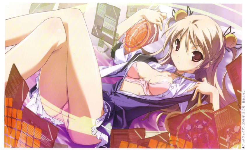 baldr_(series) baldr_sky bed bell blonde_hair bra crossed_legs dress_shirt female hair_bell hair_ornament kikuchi_seiji lingerie minazuki_sora open_clothes open_shirt panties pink_bra pink_panties shirt sitting skirt solo twintails underwear