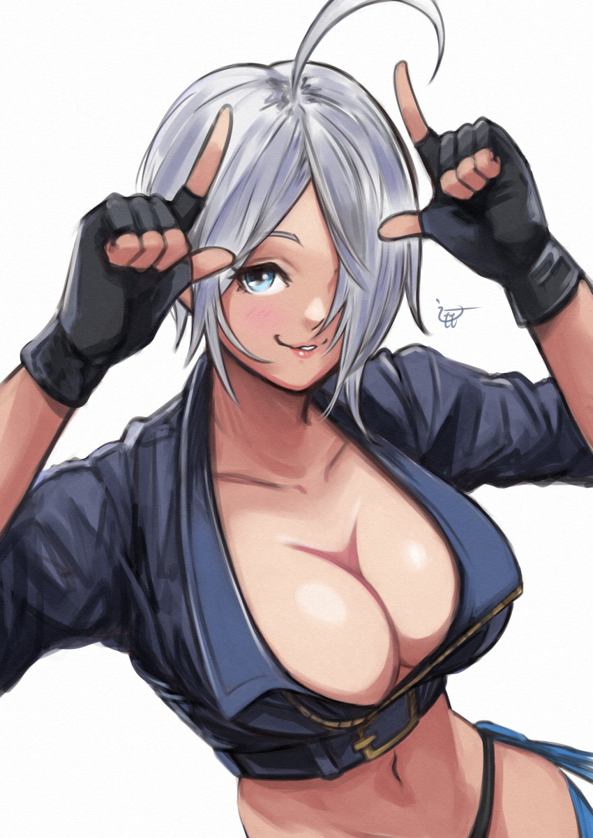 absurdres ahoge angel_(kof) black_gloves black_jacket blue_eyes breasts cleavage collarbone commentary_request cropped_jacket female fingerless_gloves gloves hair_over_one_eye highres horns_pose index_fingers_raised jacket large_breasts looking_at_viewer midriff momo_juice navel short_hair signature simple_background smile solo the_king_of_fighters the_king_of_fighters_xv upper_body white_background white_hair