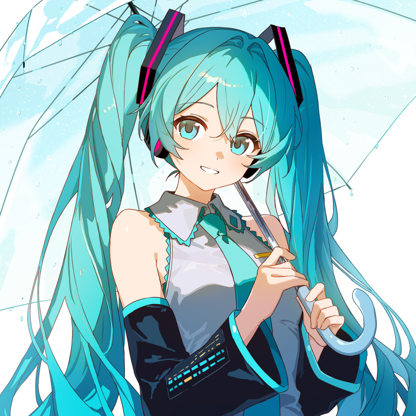 bare_shoulders black_sleeves blue_eyes blue_hair collared_shirt detached_sleeves female grin hair_ornament hatsune_miku headphones highres holding holding_umbrella long_hair long_sleeves looking_at_viewer necktie shirt sleeveless sleeveless_shirt smile solo transparent transparent_umbrella twintails umbrella upper_body very_long_hair vocaloid white_shirt yumo_(mimengfeixue)