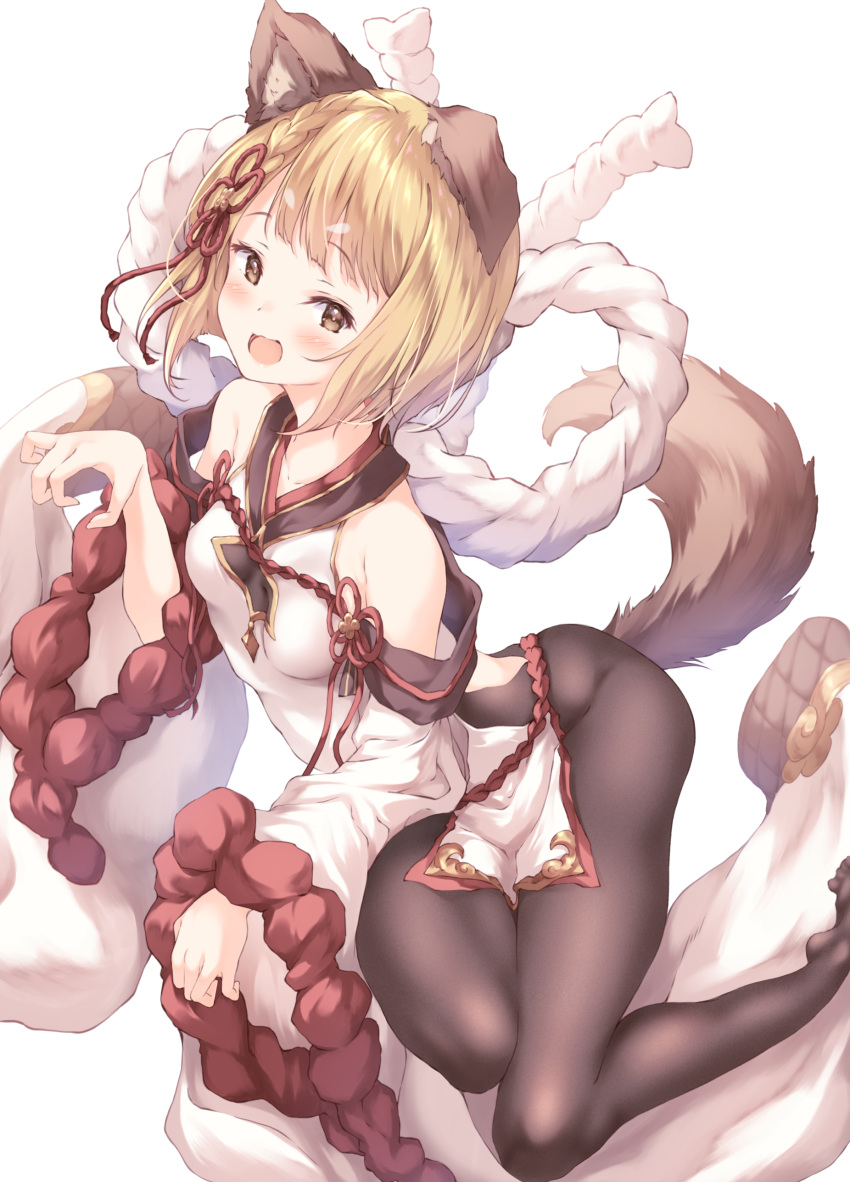 :d absurdres animal_ear_fluff animal_ears bare_shoulders black_pantyhose blonde_hair blush bodystocking braid breasts brown_eyes claw_pose detached_sleeves dog_ears dog_girl dog_tail female full_body granblue_fantasy hair_ornament highres long_sleeves looking_at_viewer no_shoes open_mouth pantyhose pelvic_curtain rope shimenawa short_hair simple_background small_breasts smile solo tail thighs twisted_torso ukiwakisen vajra_(granblue_fantasy) white_background white_sleeves wide_sleeves